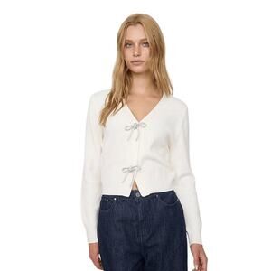 H&M White Rhinestone Bow V-Neck Cardigan Sweater Size L | RARE Cropped Cute